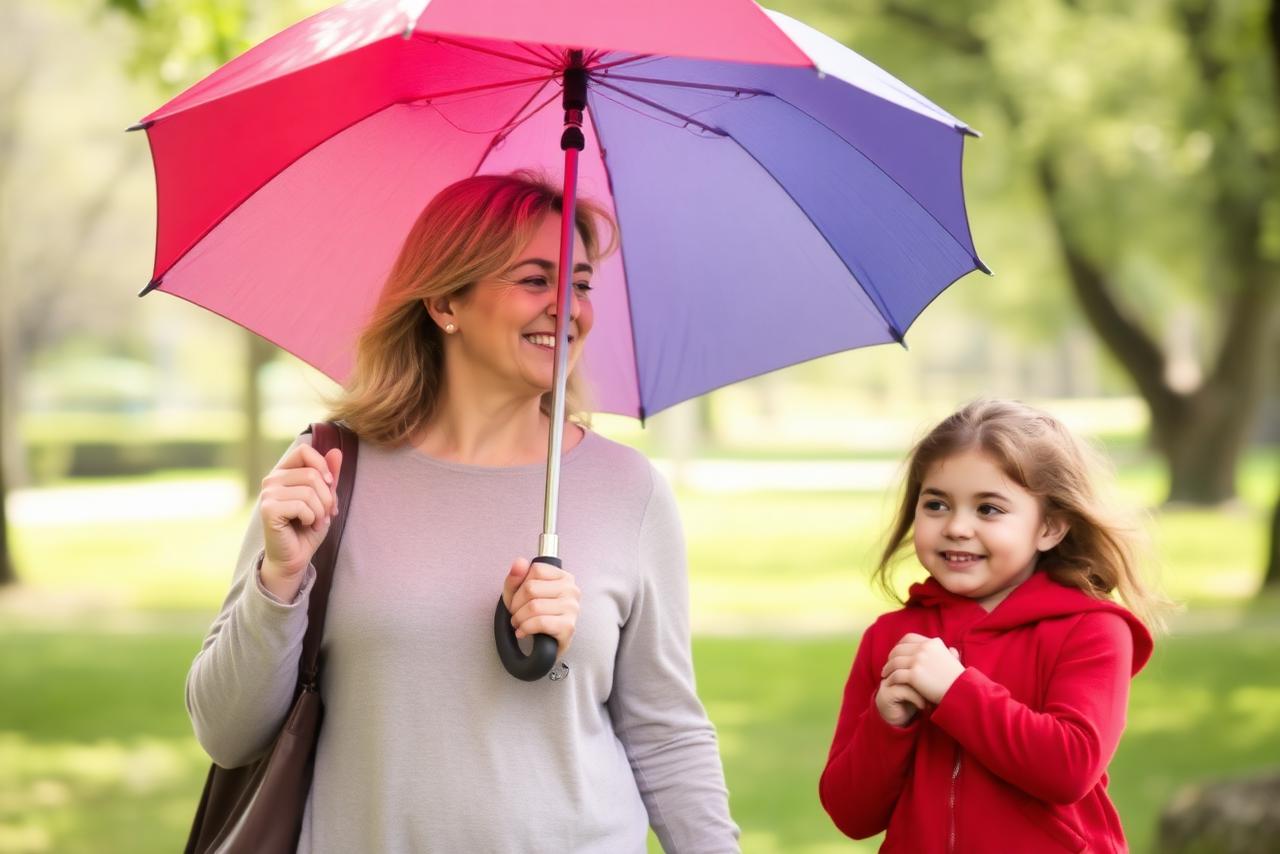 Anya és kislánya esernyővel a parkban