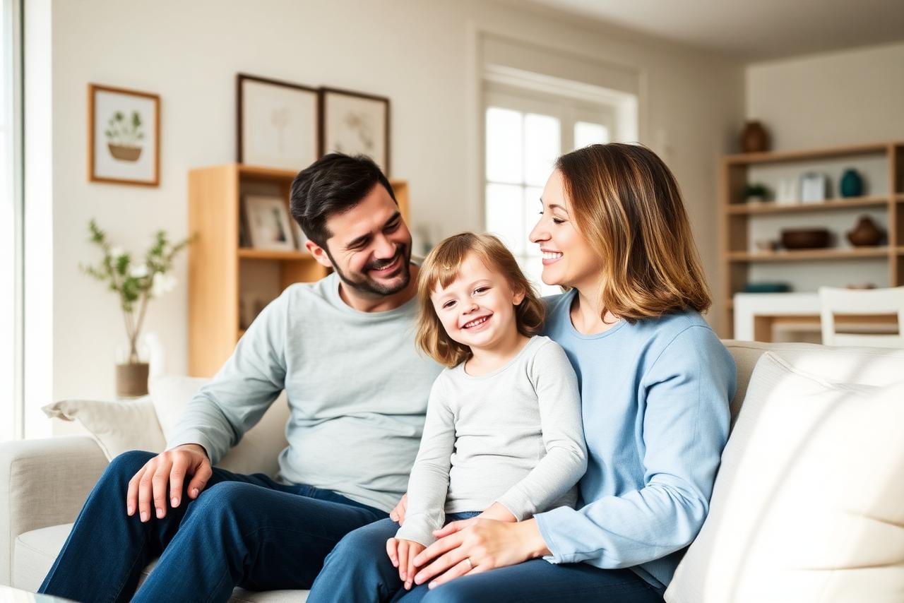 Család együtt egy világos otthonban